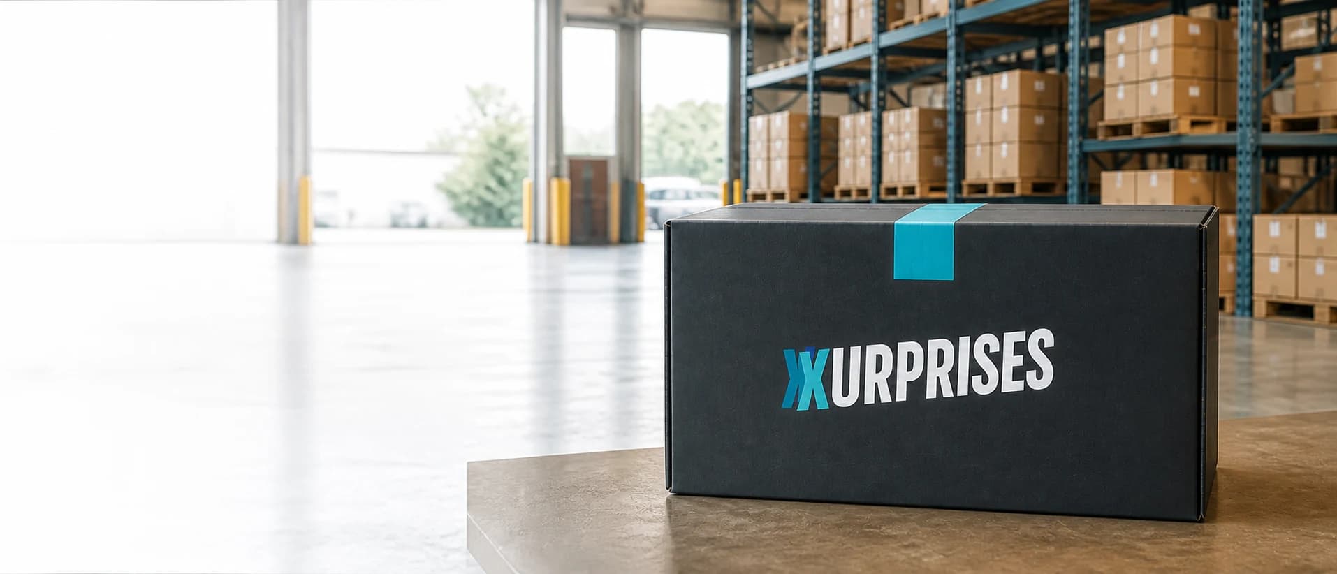 A closed Xurprises Mystery Box ready for shipping inside a warehouse
